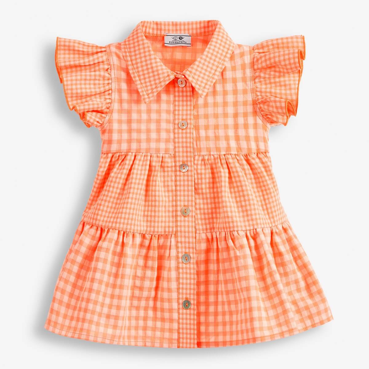Baby Girls' Checkered Dress with Ruffles on the Shoulders