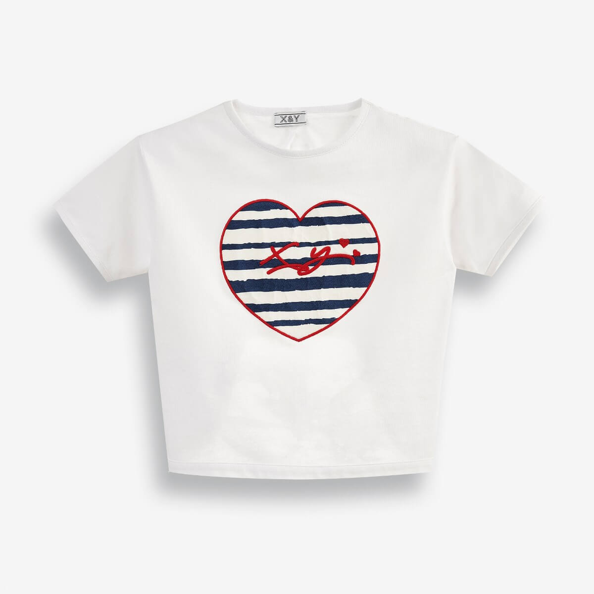 Girls' Cropped Top With Stripe-Filled Heart Embroidery