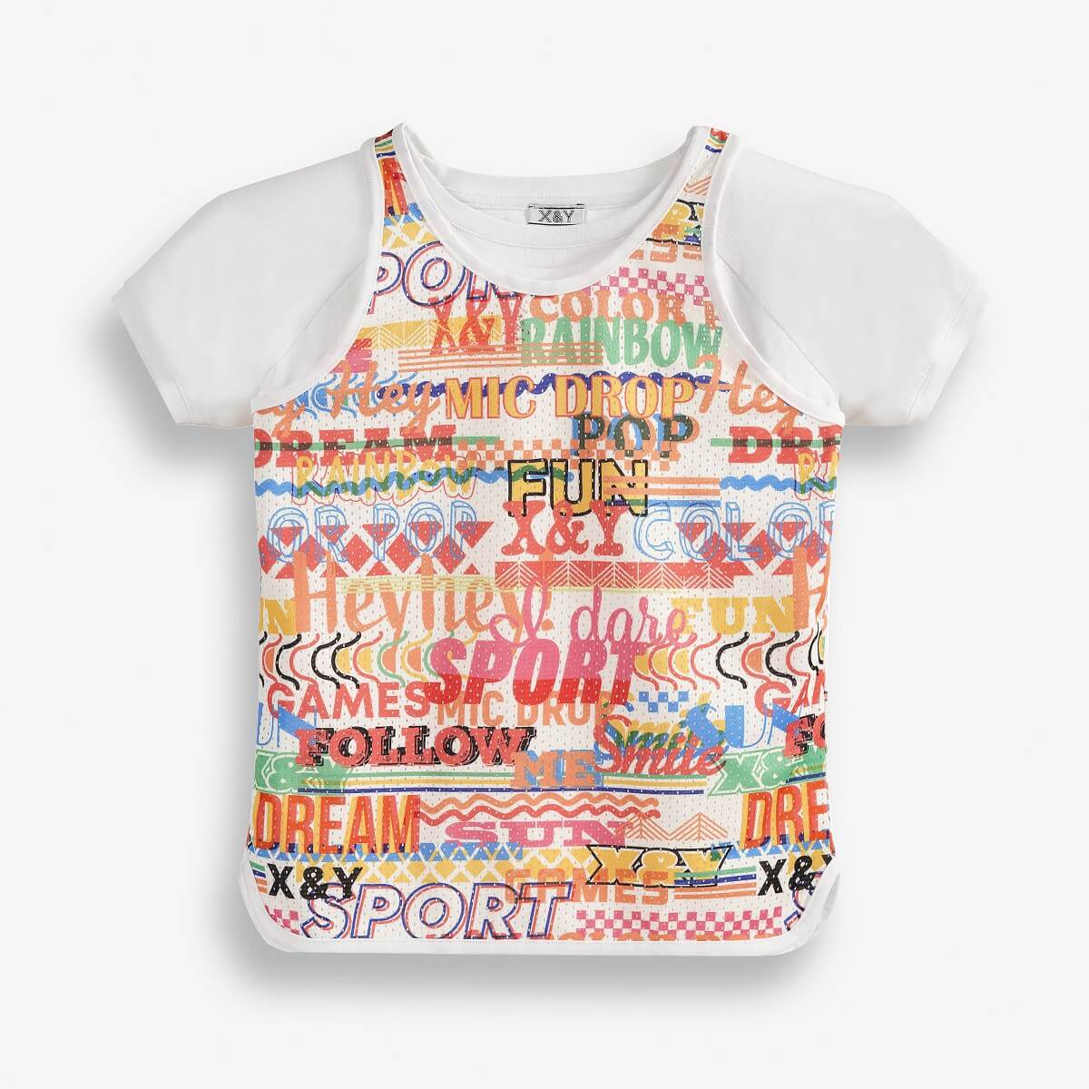 Girls' T-Shirt Top with White Sleeves and Colorful Text Print
