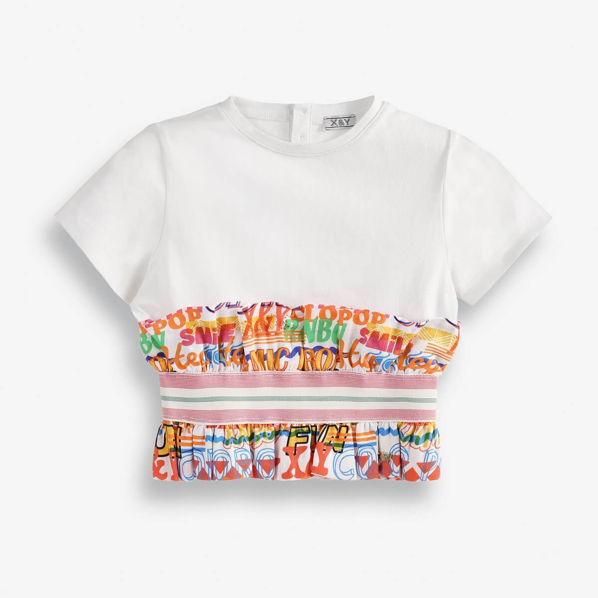 Girls' Cropped T-Shirt Top with White Sleeves and Colorful Text Print