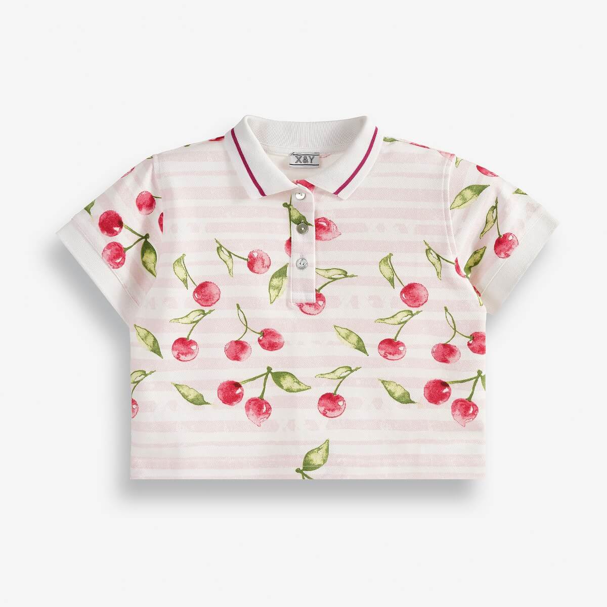 Girls' Collared Polo Shirt with an All-Over Cherry Print