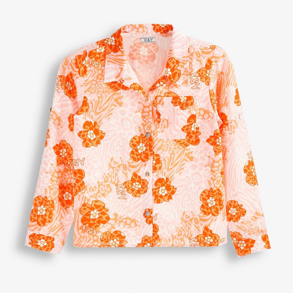Girls' Collared Shirt with an All-Over Floral Print