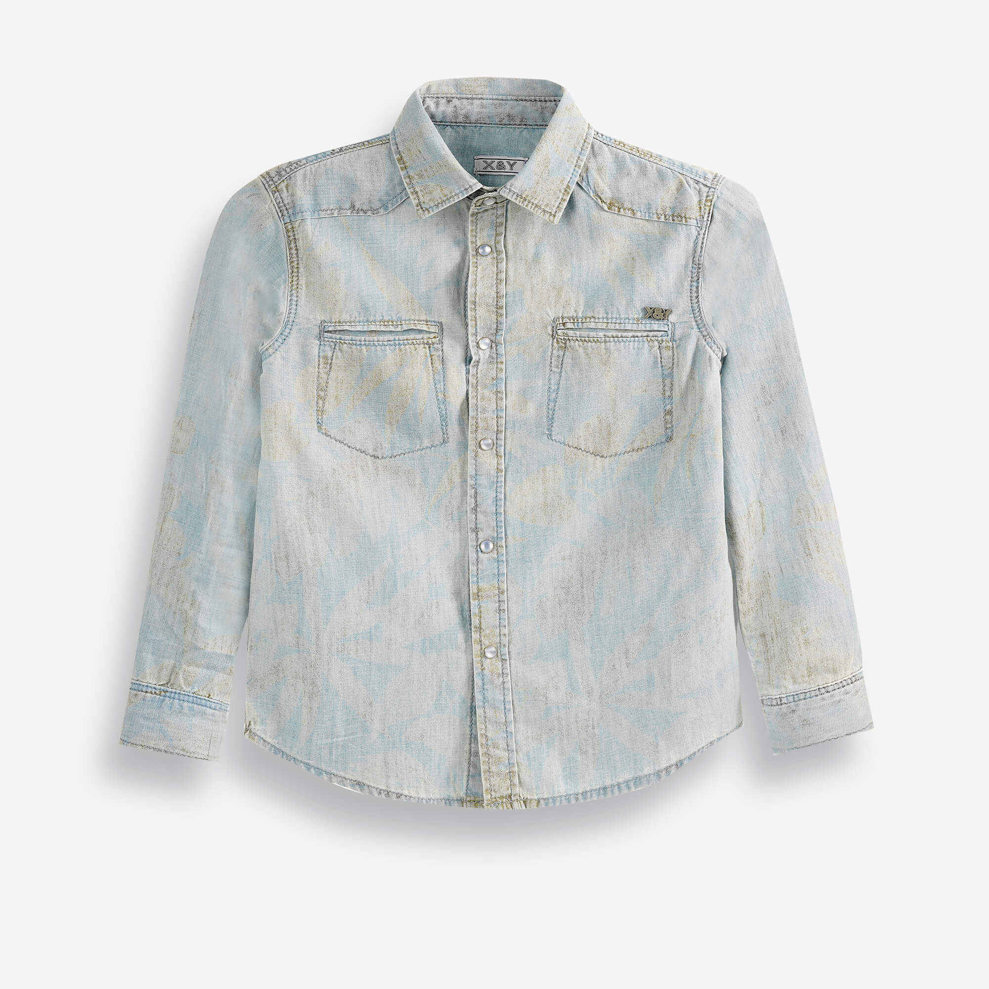 Boys' Collared Denim Shirt with an All-Over Graphic Pattern