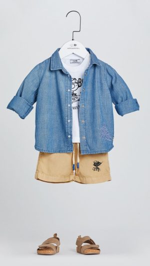 Baby Boys' Collared Denim Button-Up Shirt with Embroidery