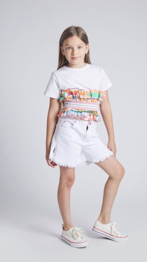 "Girls' Cropped T-Shirt Top with White Sleeves and Colorful Text Print "
