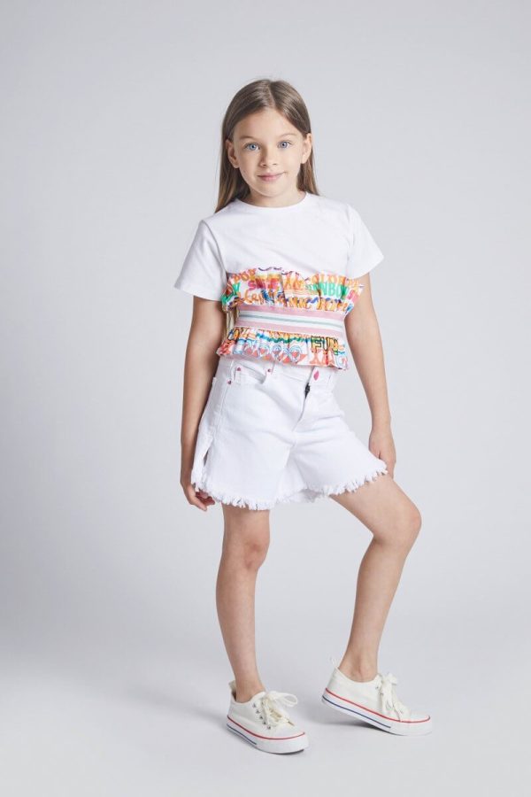 "Girls' Cropped T-Shirt Top with White Sleeves and Colorful Text Print "