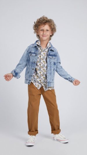 Boys' Collared Shirt with Short Sleeves and an All-Over Graphic Print