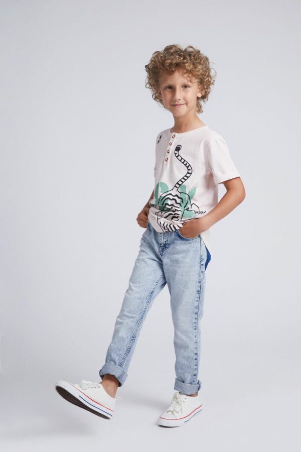 Branded Boys' T-Shirt with Neck Buttoning and Animal Prints