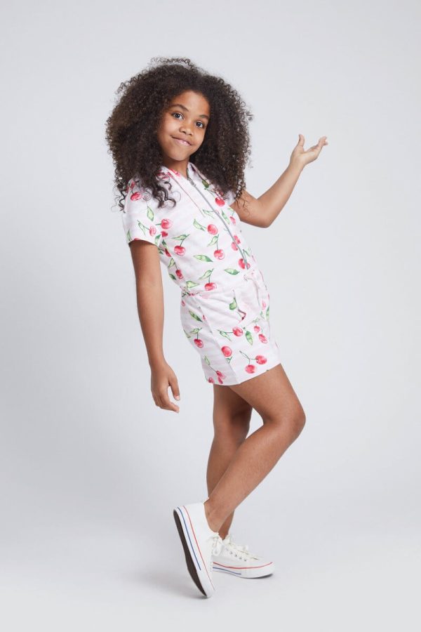 Girls' Short Jumpsuit with Zipper, Waist Ties and an All-Over Cherry Print