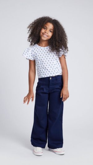Girls' Wide Leg Denim Trousers With Red Stitch Details