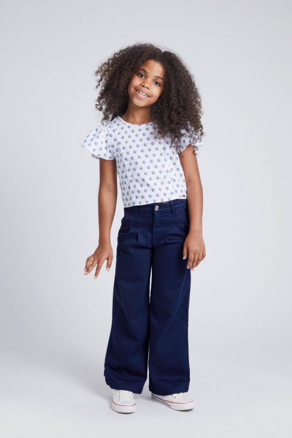 Girls' Wide Leg Denim Trousers With Red Stitch Details