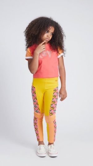 Girls' Branded T-Shirt Top with Mustard Sleeves and White Bands