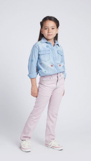 Girls' Collared Denim Shirt with Flowers Embroidery