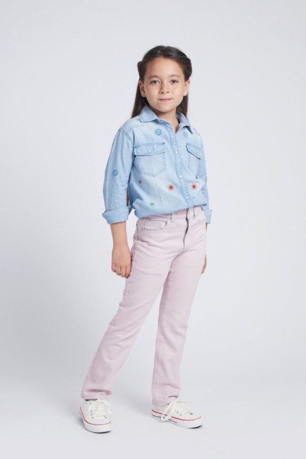 Girls' Collared Denim Shirt with Flowers Embroidery