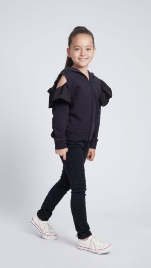 Girls' Asymmetric Hooded Sweatshirt with Long Sleeves and Shoulder Ruffles