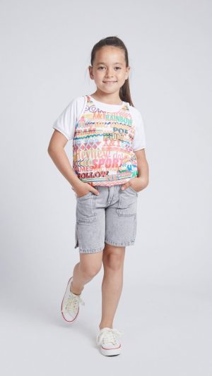 Girls' T-Shirt Top with White Sleeves and Colorful Text Print