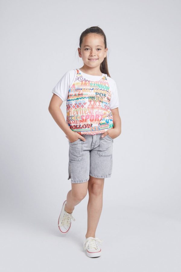 Girls' T-Shirt Top with White Sleeves and Colorful Text Print