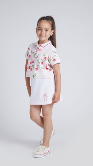 Girls' Collared Polo Shirt with an All-Over Cherry Print