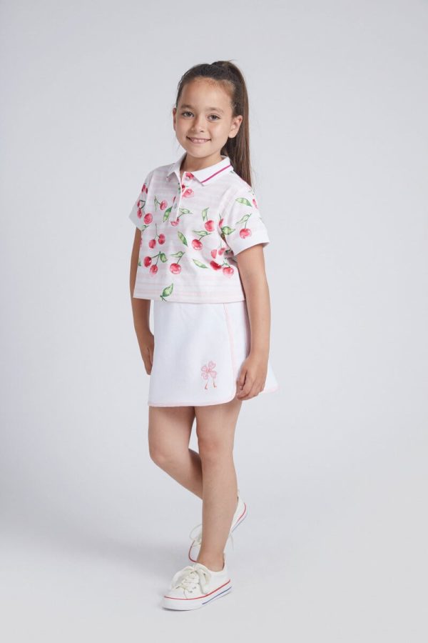 Girls' Collared Polo Shirt with an All-Over Cherry Print