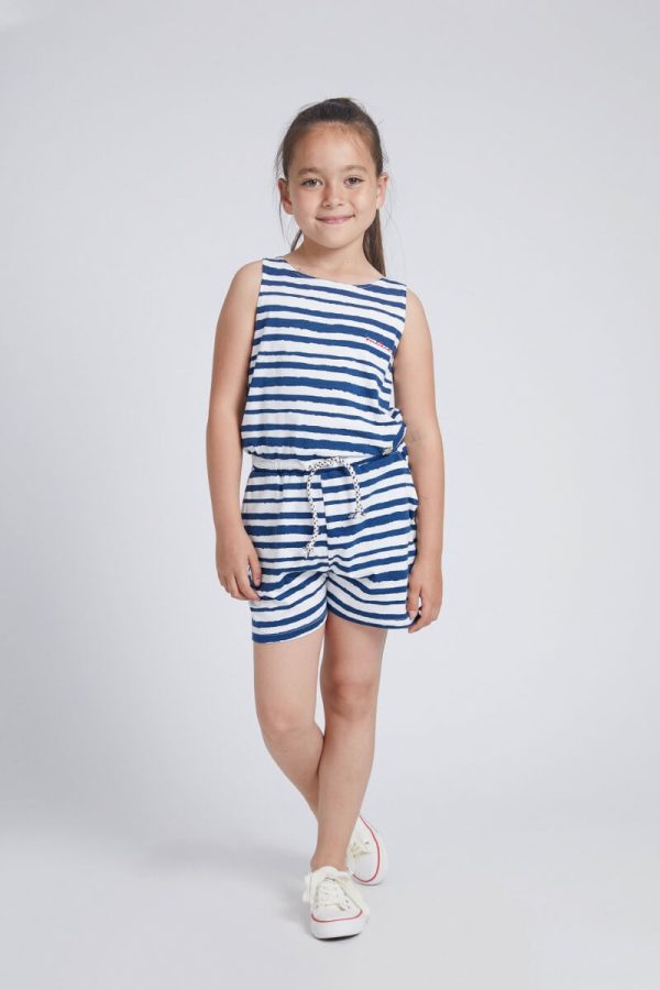 Sleeveless Girls' Jumpsuit With White and Blue Horizontal Stripes